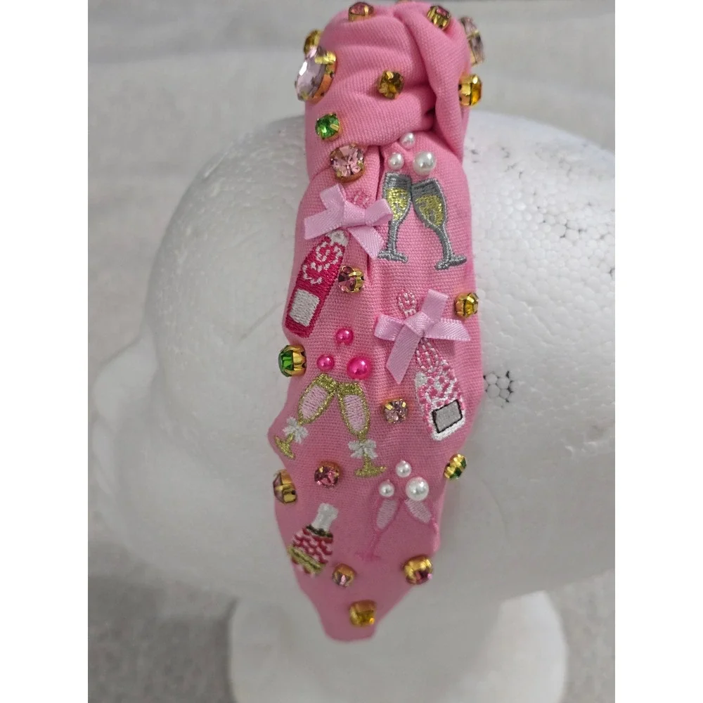 Brianna Cannon Pink Champagne Party Headband Crystals Pearls Embroidered Knotted